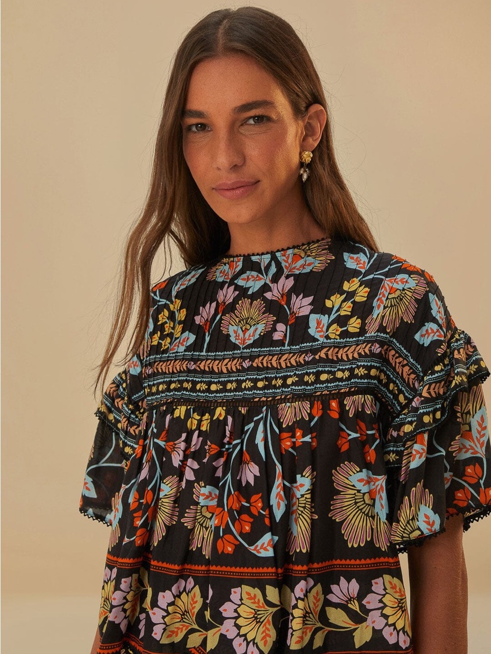 NWT FARM Rio Black Flowery Print Boho Ruffle Butterfly Sleeve Blouse Top Size L